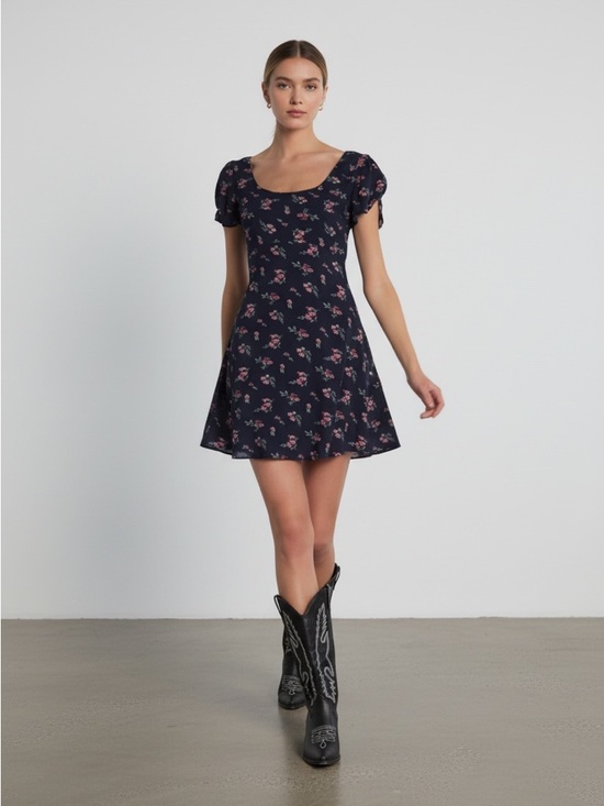 Dresses & Skirts - Floral Scoop Neck Mini Dress in Navy with Pink Blooms